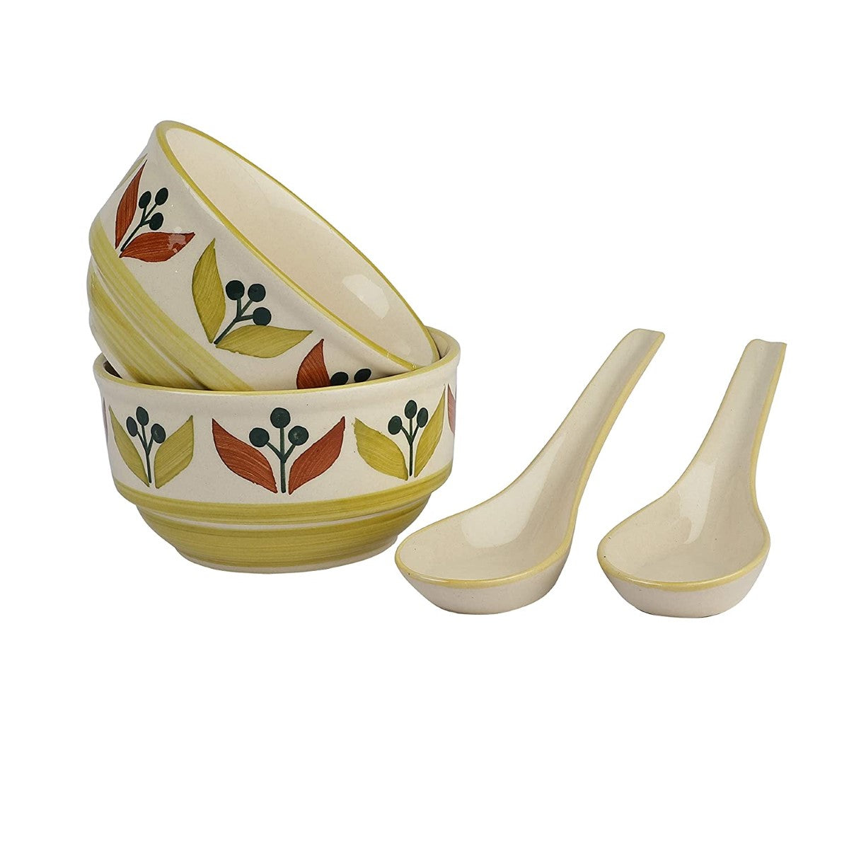 Handpainted Leaf-Srip  Ceramic Soup Bowls & Spoons (Set of 2)