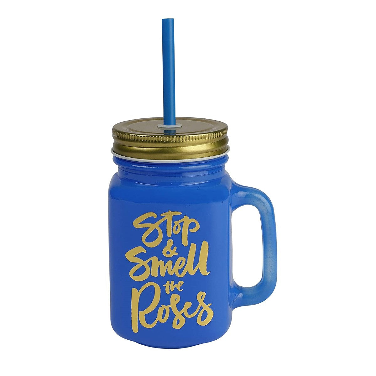 Blue Color Mason Jar With Lid And Reusable Straw - 500 ml