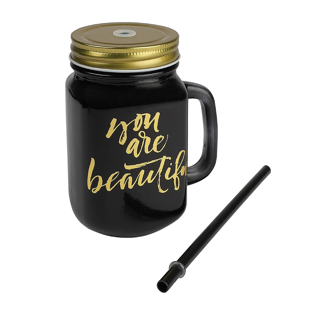 Black Color Mason Jar With Lid And Reusable Straw - 500 ml