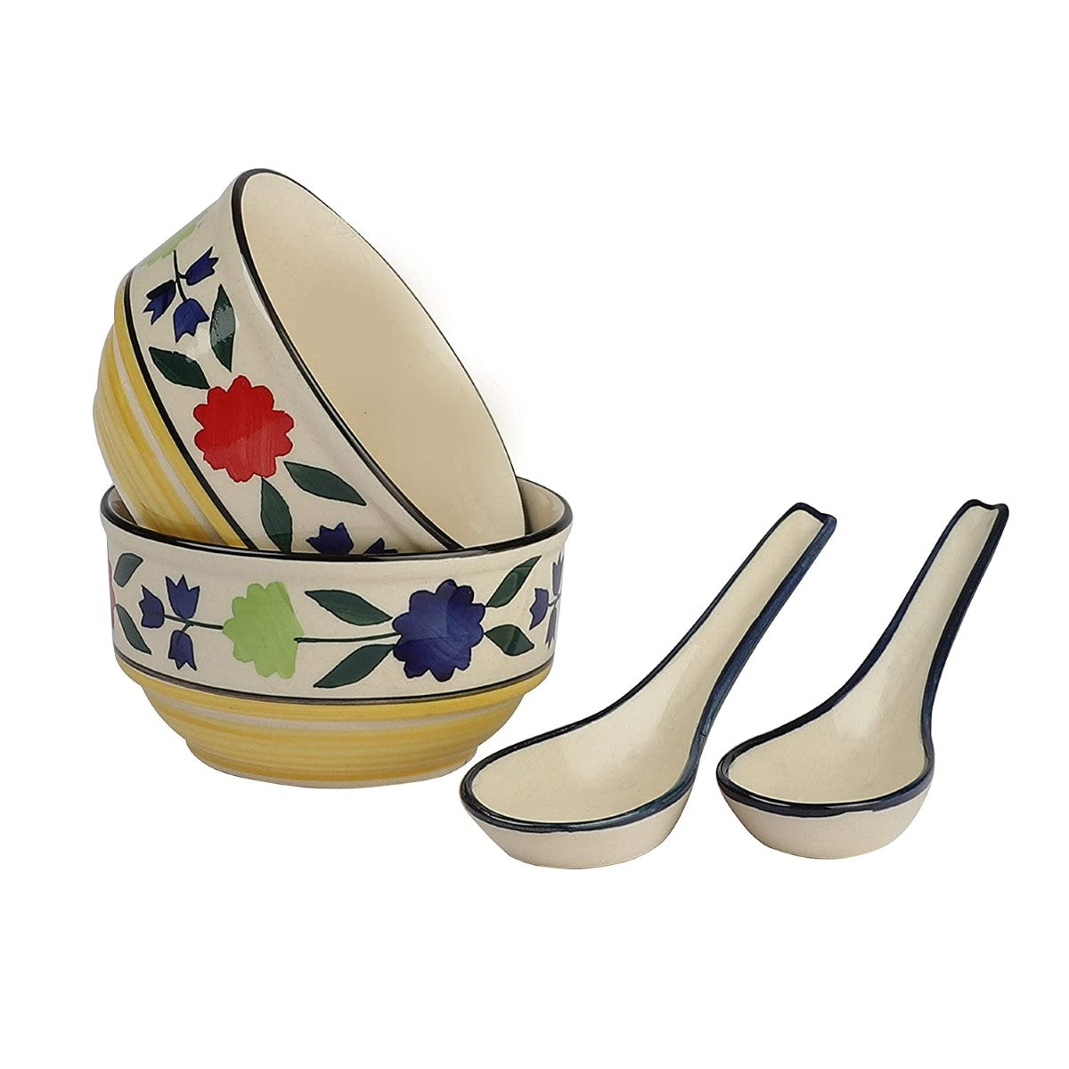 Handpainted Floral Ceramic Soup Bowls & Spoons (Set of 2)