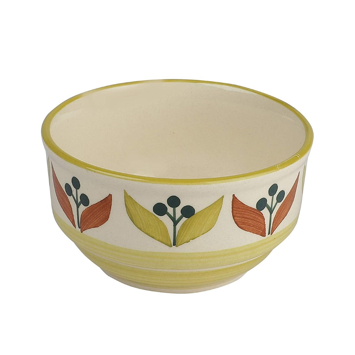 Handpainted Leaf-Srip  Ceramic Soup Bowls & Spoons (Set of 2)