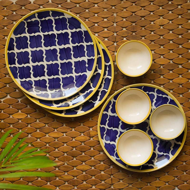 Handcrafted Blue Moroccan Plates & Bowls (Pack of 4)