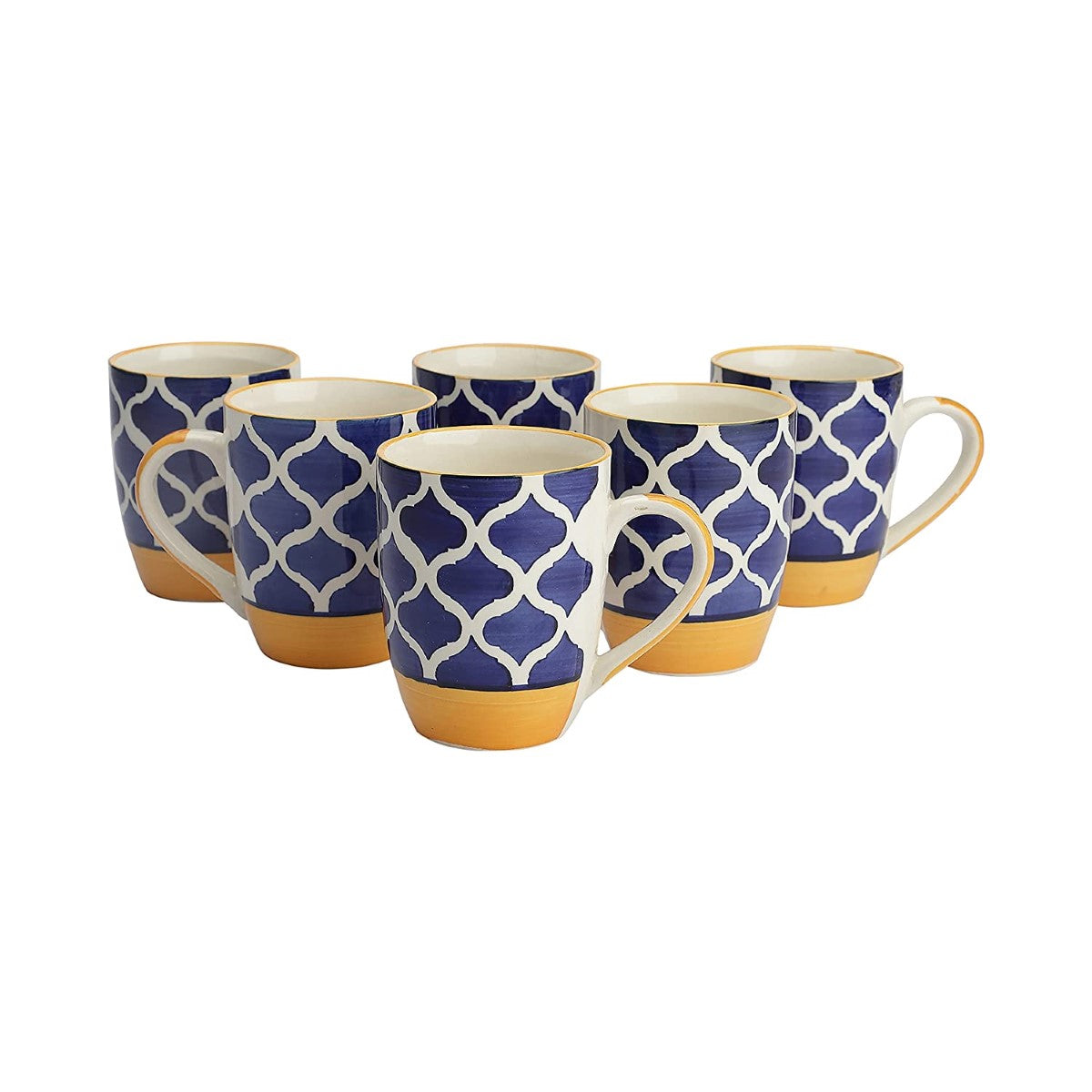 Moroccan Blue & Yellow Carpet Handcrafted Ceramic Mug ( Set of 6)