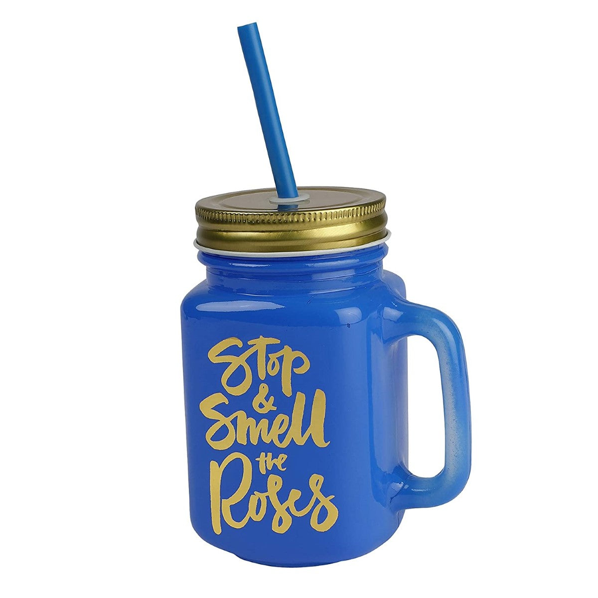 Blue Color Mason Jar With Lid And Reusable Straw - 500 ml