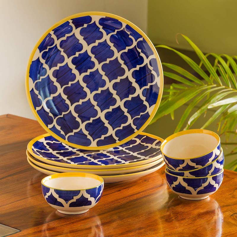 Handcrafted Blue Moroccan Plates & Bowls (Pack of 4)