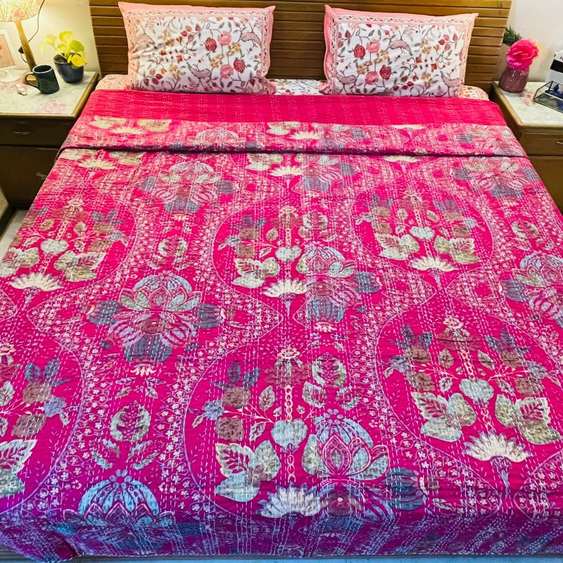 Dark Pink Floral Kantha Bedcover (Queen Size)