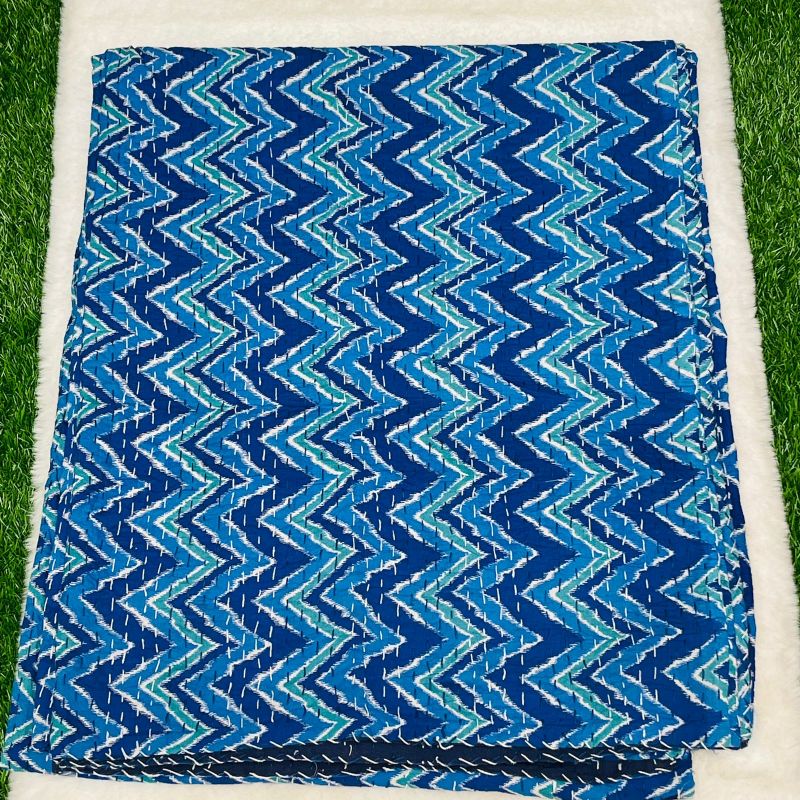 Blue Zig-Zag Kantha Work Bedcover (Queen Size)