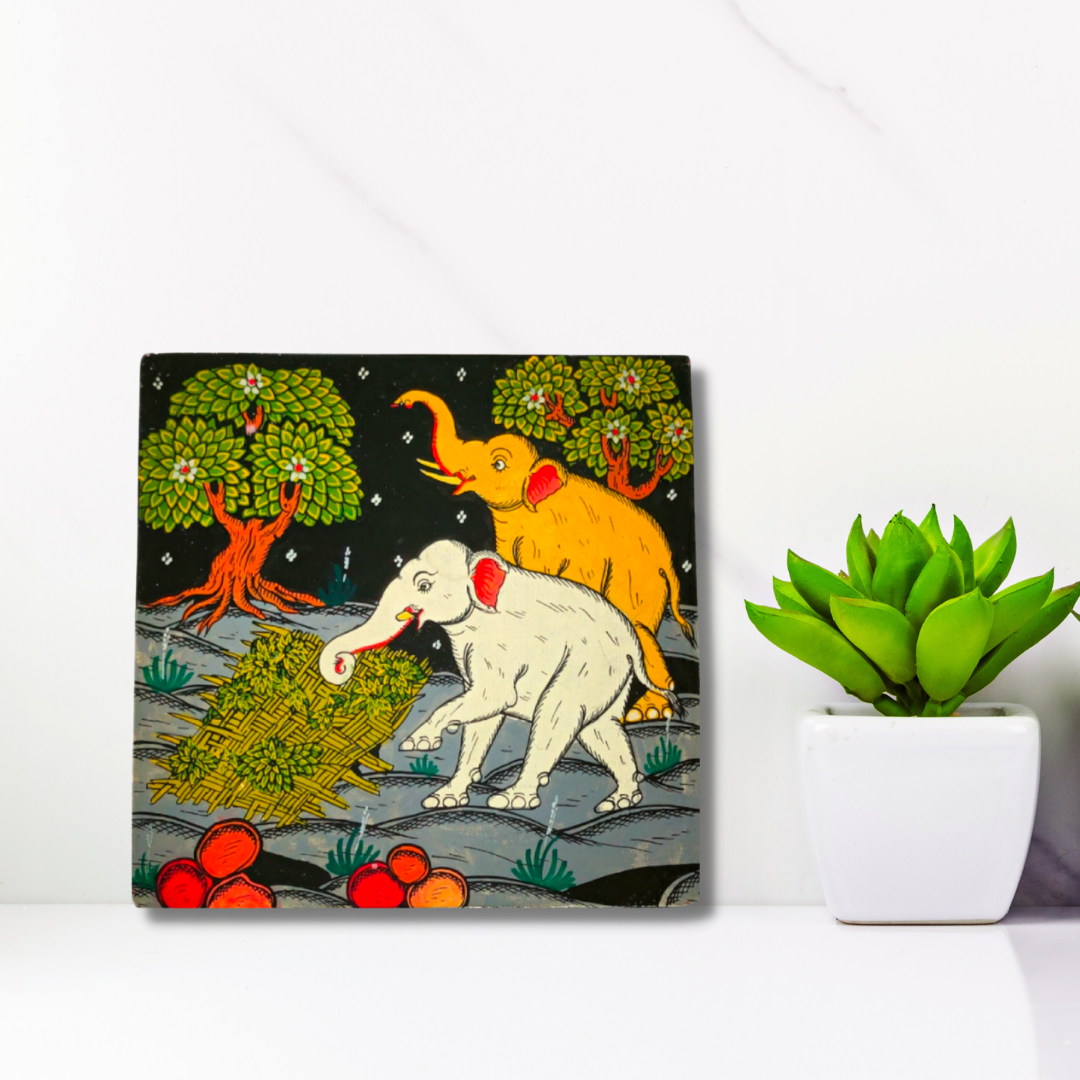 Hand Painted Pattachitra Elephant Couple Wall Plate