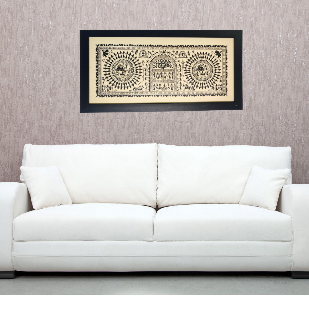 Hand Printed Saura Tribal Painting on Tussar Silk | Framed Artworks