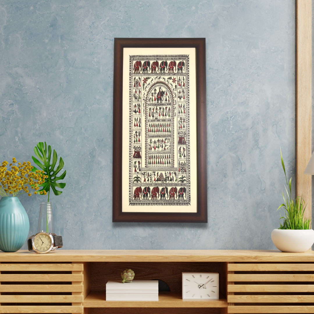 Hand Printed Framed Saura Tribal Painting on Tussar Silk