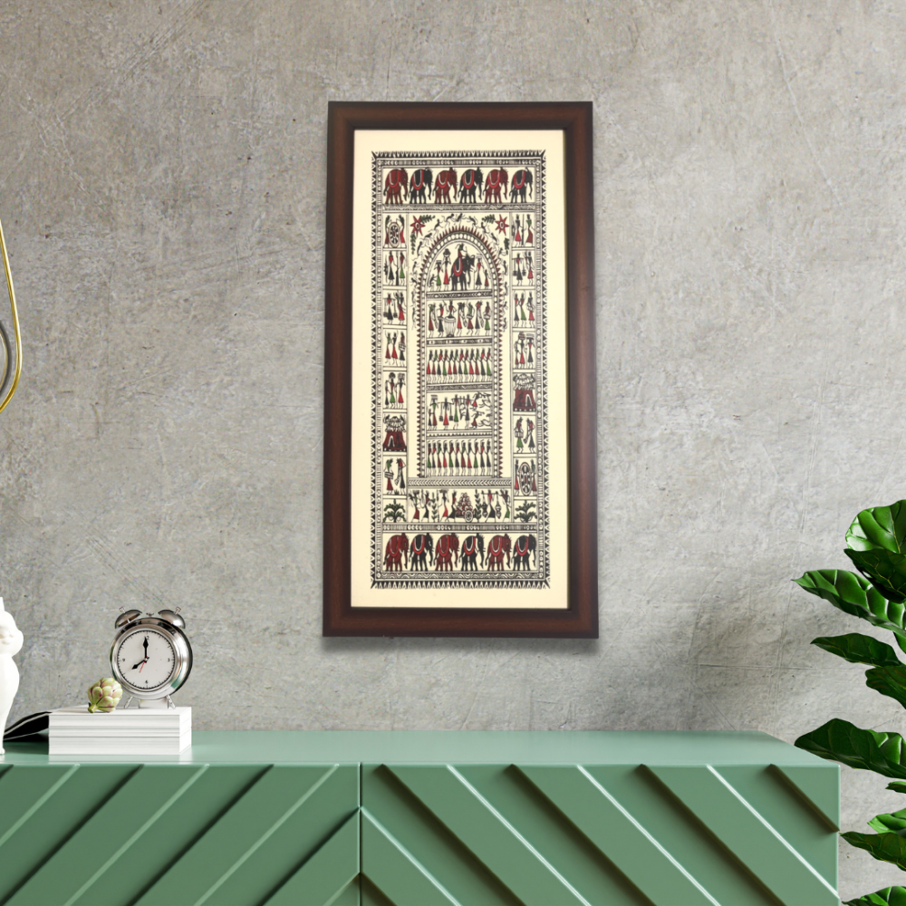 Hand Printed Framed Saura Tribal Painting on Tussar Silk