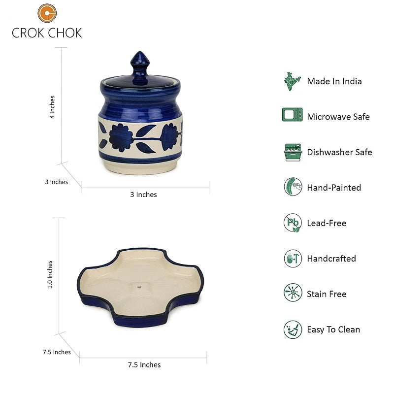 Blue Ceramic Handcrafted Pickle Jars with Tray (Set of 4)