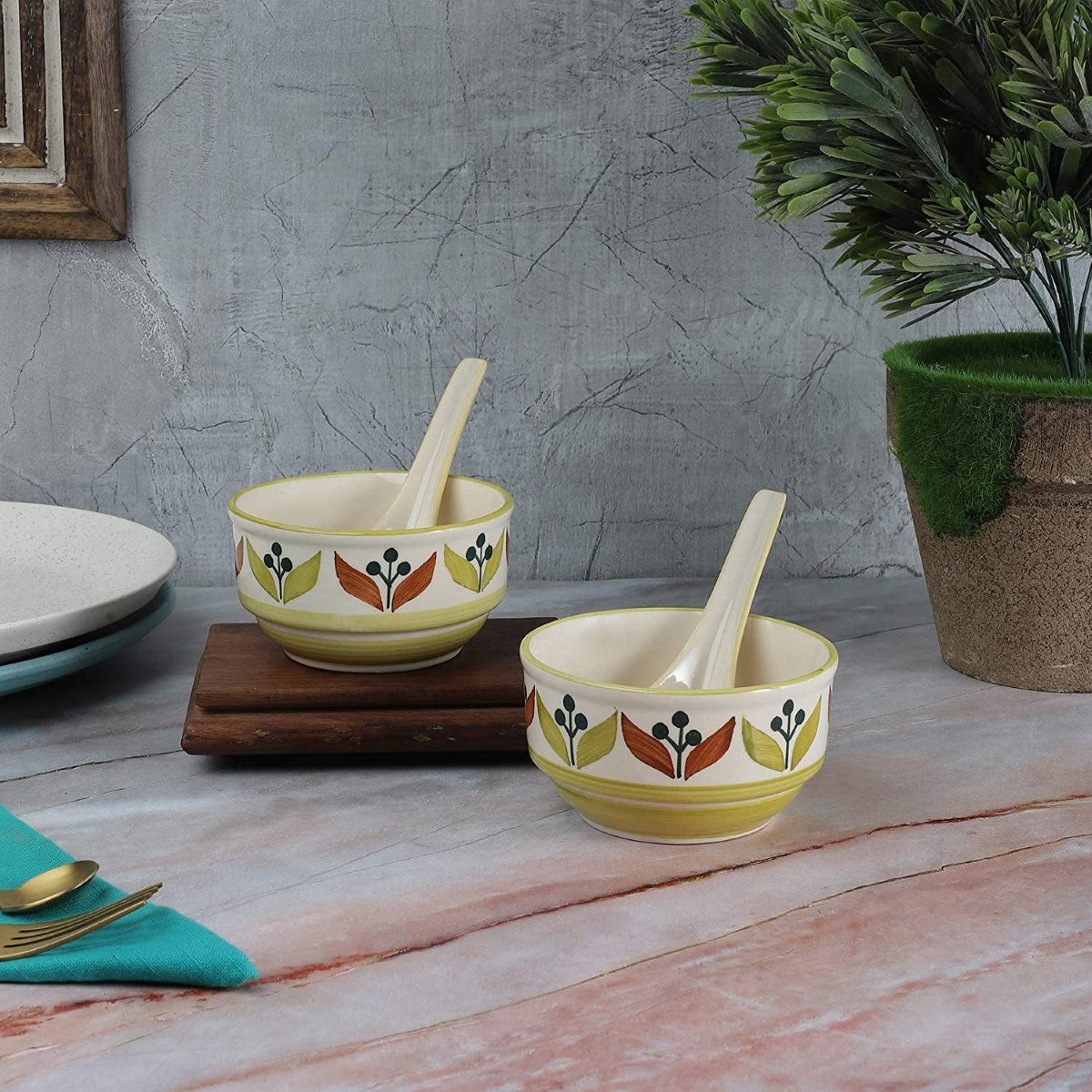 Handpainted Leaf-Srip  Ceramic Soup Bowls & Spoons (Set of 2)