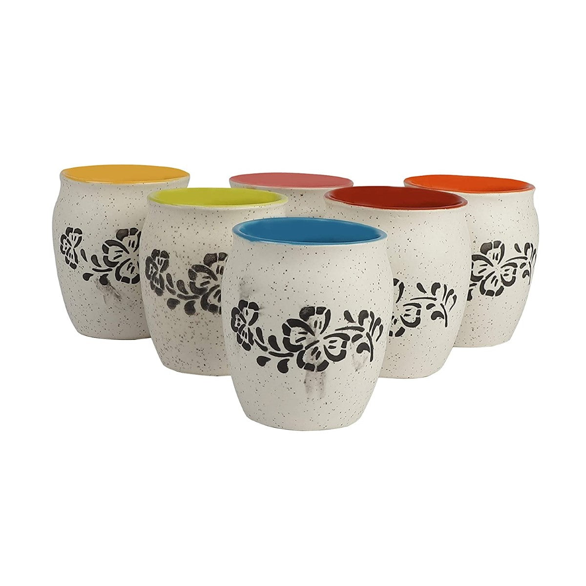 Handmade & Handcrafted Ceramic White Matte Finish Printed Chai Kullad Cups (Set Of 6)