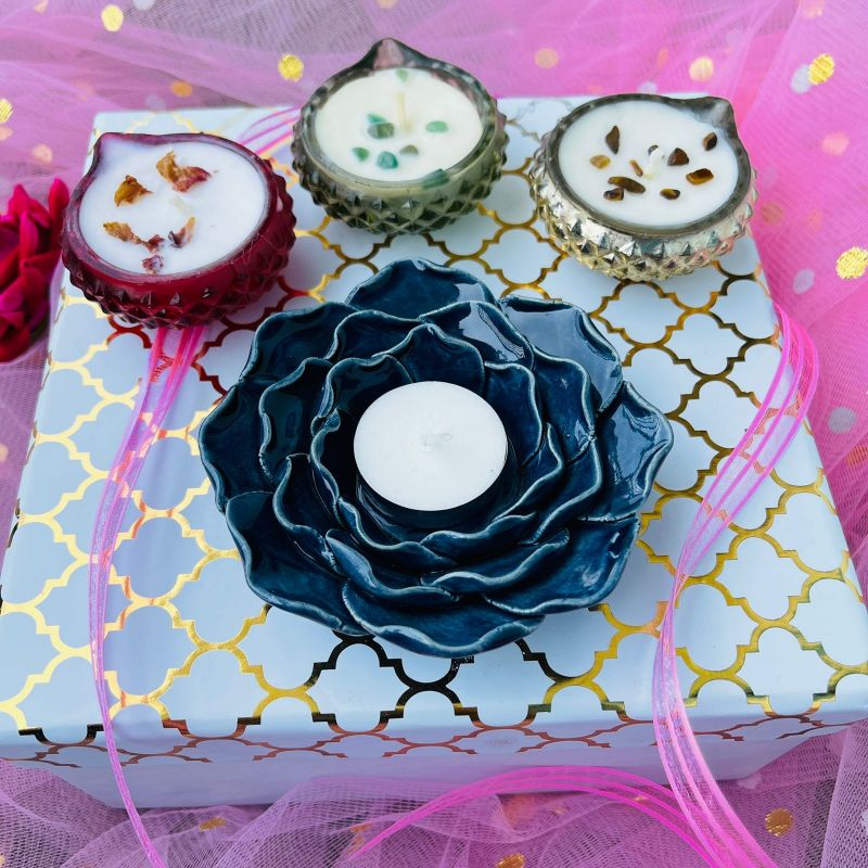 Diwali Gift Box I Ceramic Tea Light & Crystal Diya Candles
