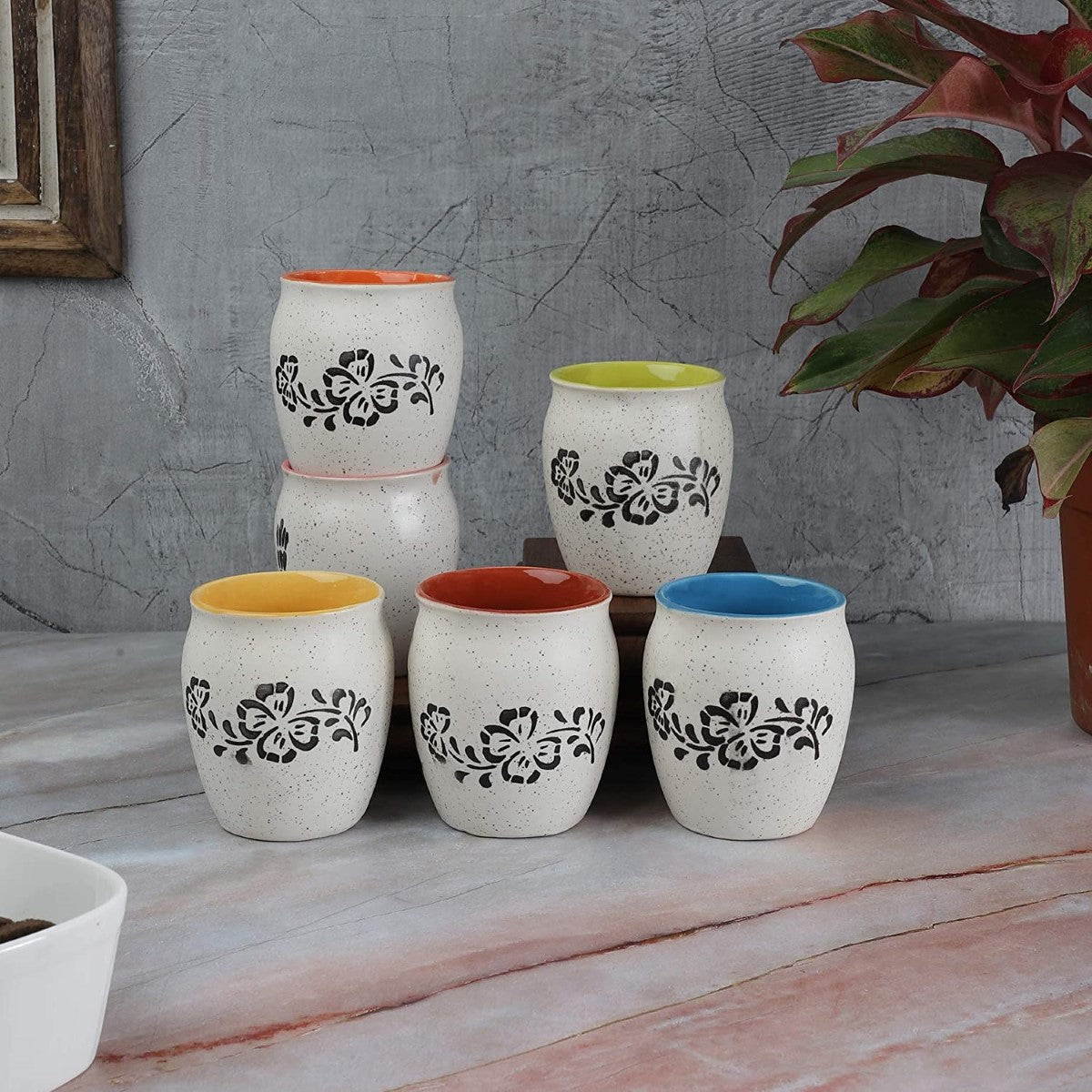 Handmade & Handcrafted Ceramic White Matte Finish Printed Chai Kullad Cups (Set Of 6)