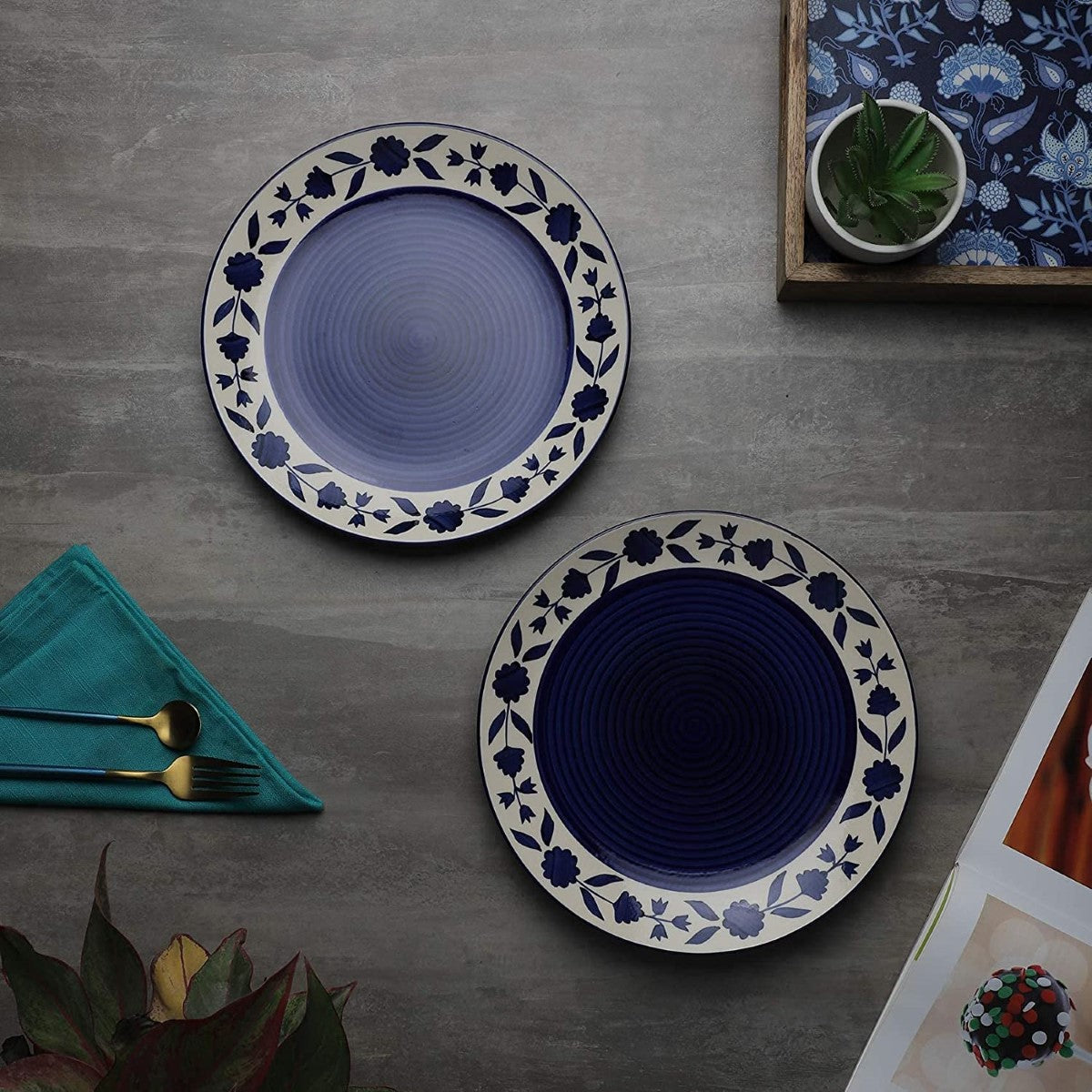 Floral Blue And White Handpainted Ceramic Dinner Plates (Set of 2)