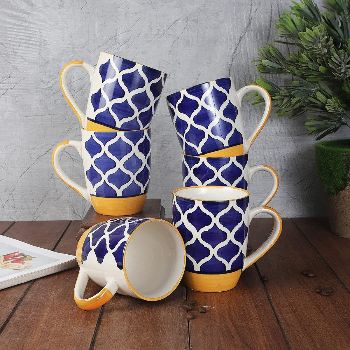 Moroccan Blue & Yellow Carpet Handcrafted Ceramic Mug ( Set of 6)