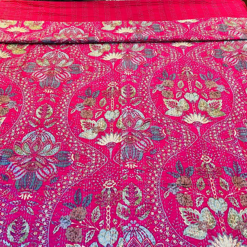 Dark Pink Floral Kantha Bedcover (Queen Size)
