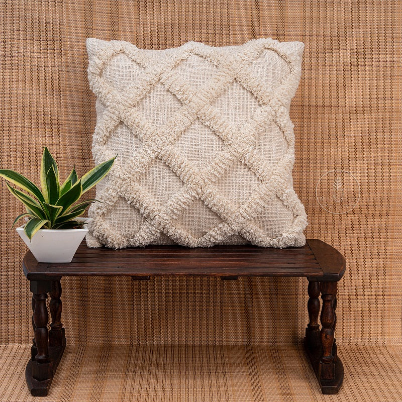 Ivory Tufted Textured Cotton Designer Cushion Cover