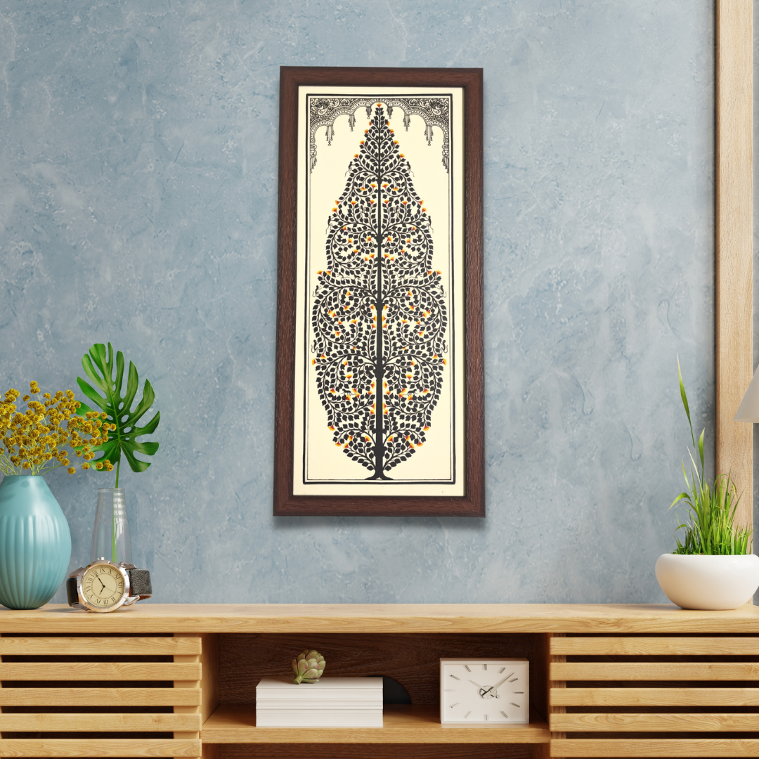 Black Tree of Life Tussar Silk Picture Frame | Pattachitra Painting