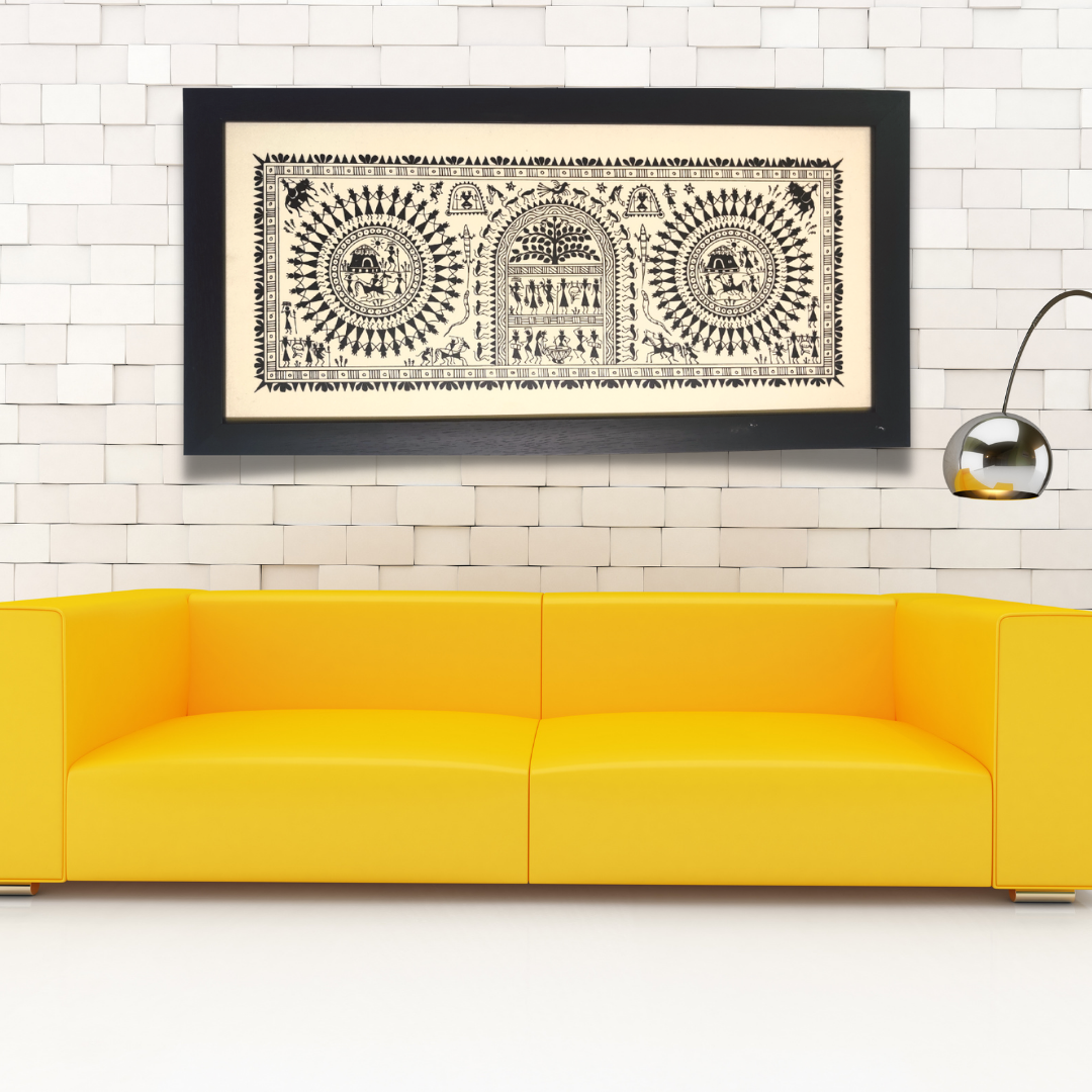 Hand Printed Saura Tribal Painting on Tussar Silk | Framed Artworks