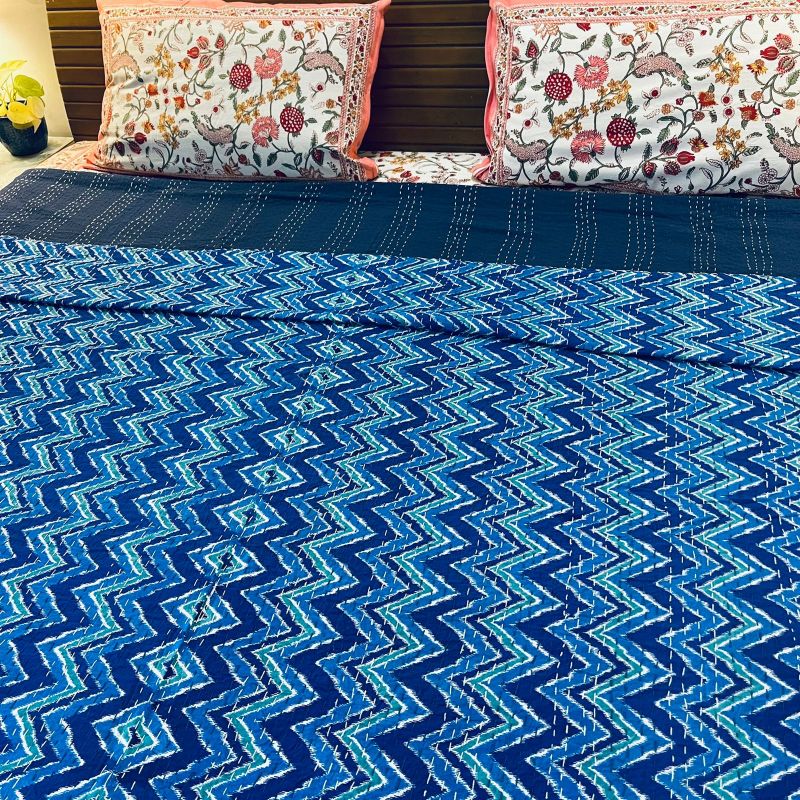 Blue Zig-Zag Kantha Work Bedcover (Queen Size)