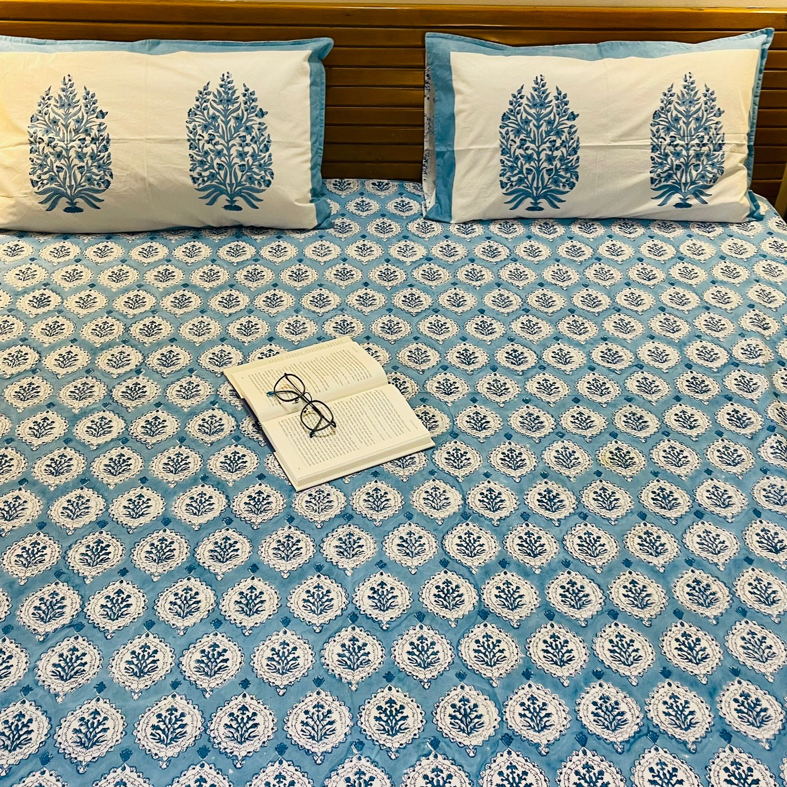 Blue Mughal Print Premium Cotton Queen Size Bedsheet Set