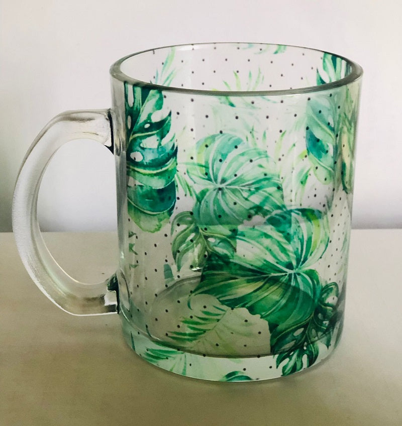 Leaf Printed Glass Coffee Tea Mug (350ml)