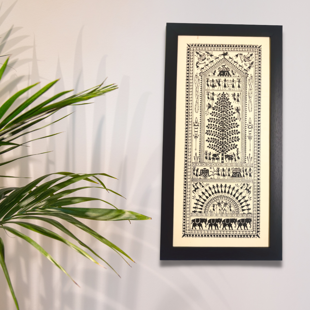 Hand Printed Black Saura Tribal Painting on Tussar Silk | Framed Artwork