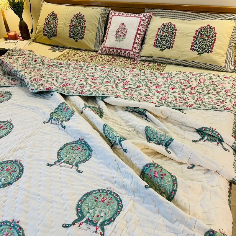 Green Mughal Print Cotton Quilt