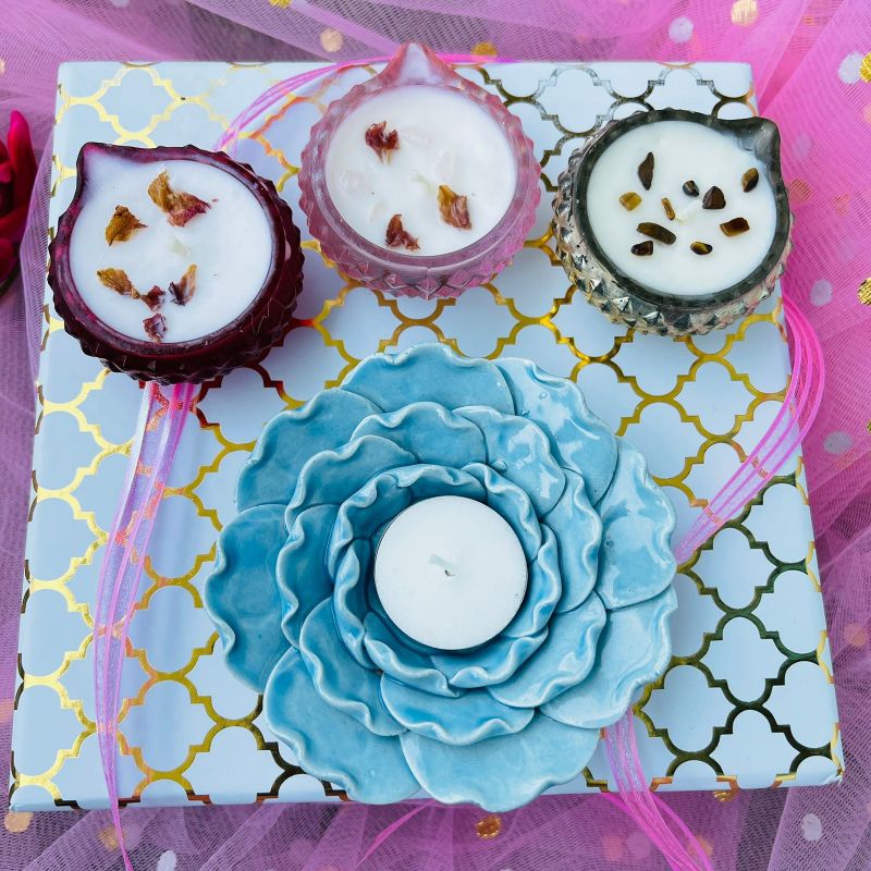 Diwali Gift Box I Ceramic Tea Light & Crystal Diya Candles