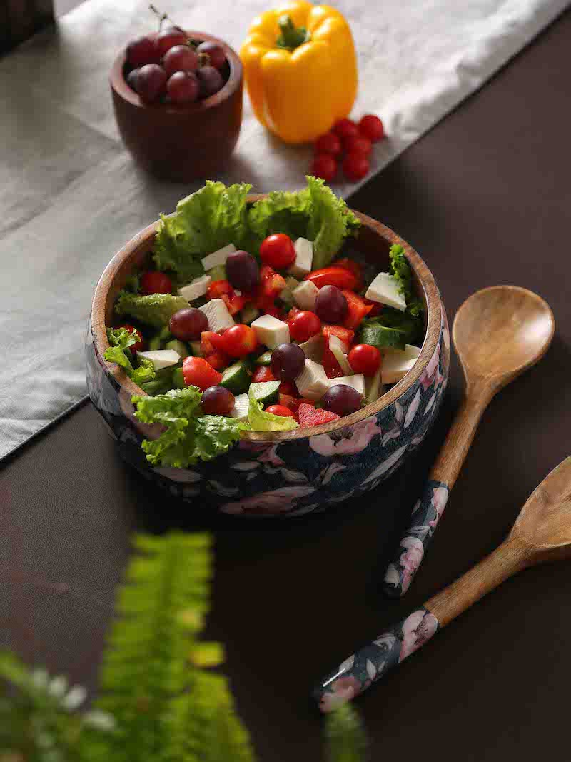 Blue Salad Bowl with Flower Design