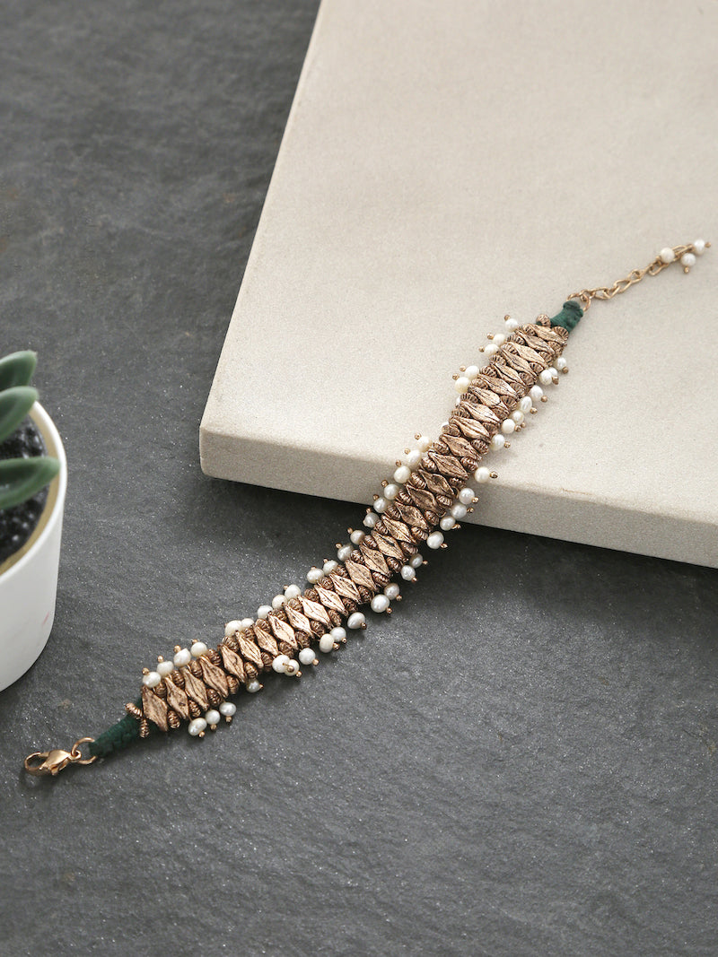 Stylish Bracelet with Brass Beads & Green Pearls