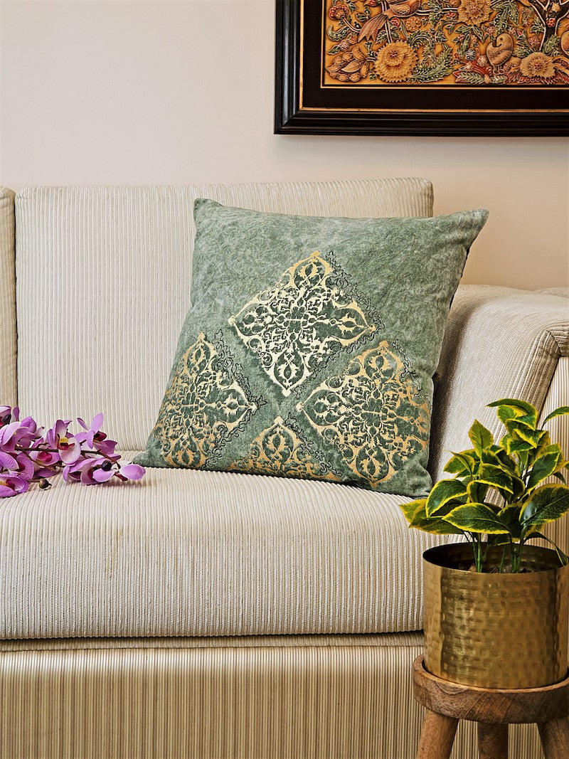 Golden Foil Printed Embroidered Cushion Cover