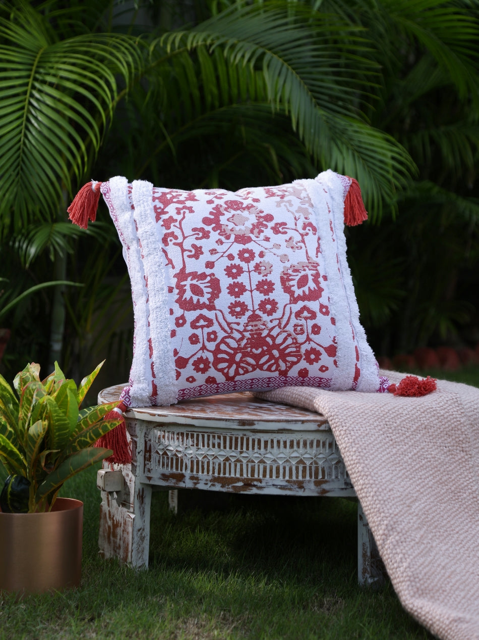 Peach Flower Printed Cushion Cover with Tassels