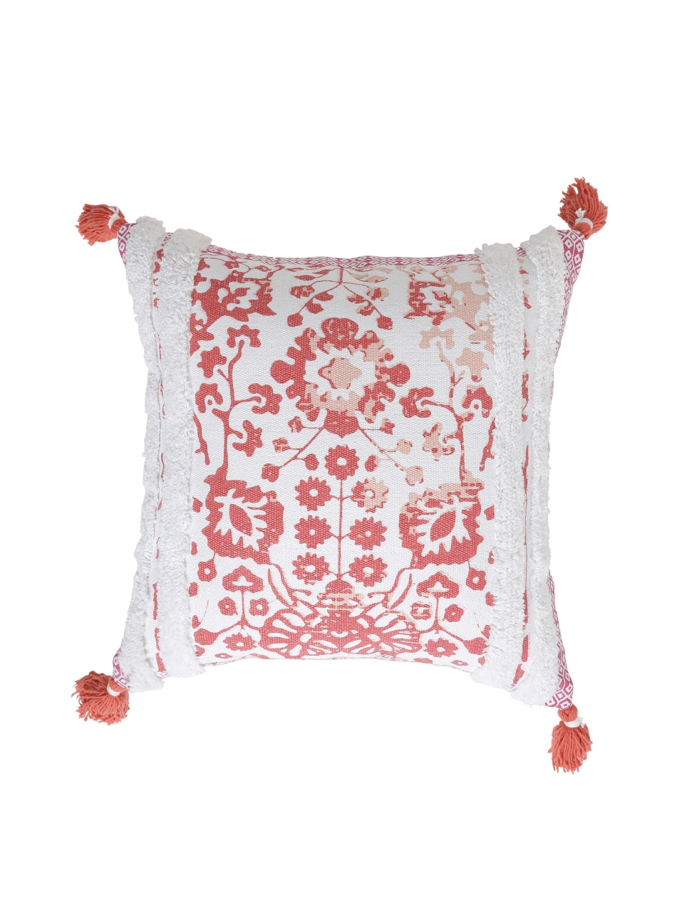Peach Flower Printed Cushion Cover with Tassels