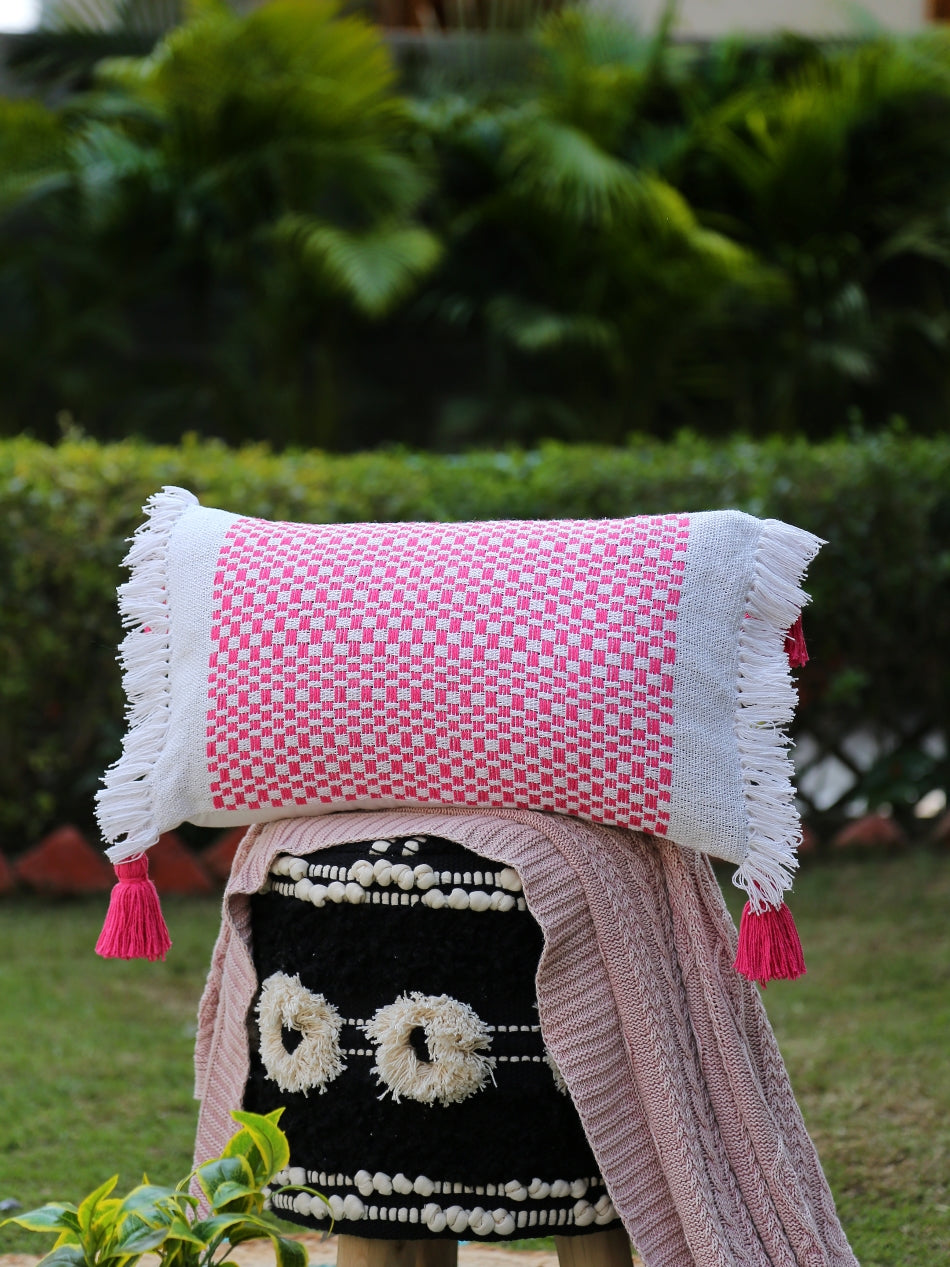Pink Handwoven Cushion Cover with Tassels