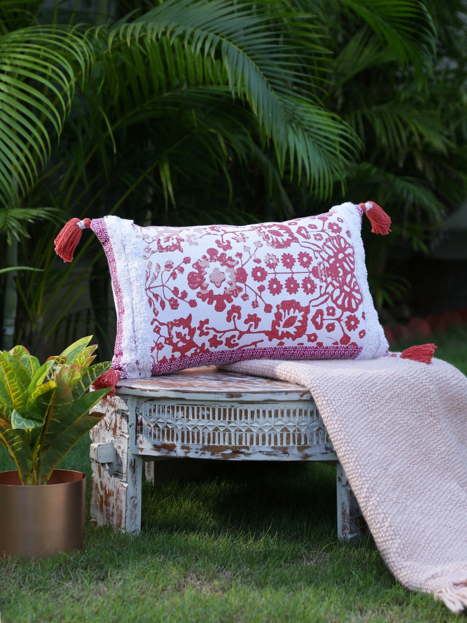 Peach Printed Cushion Cover with Tassels