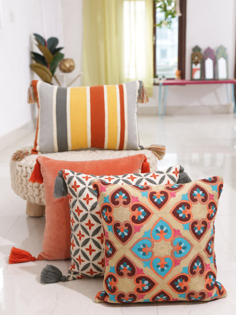Crewel Embroidered Striped Cushion Cover