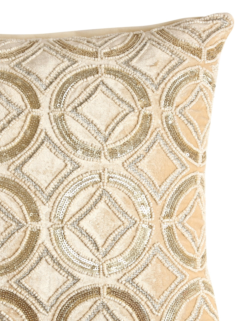Circular Beige Beaded Accent Cushion Cover