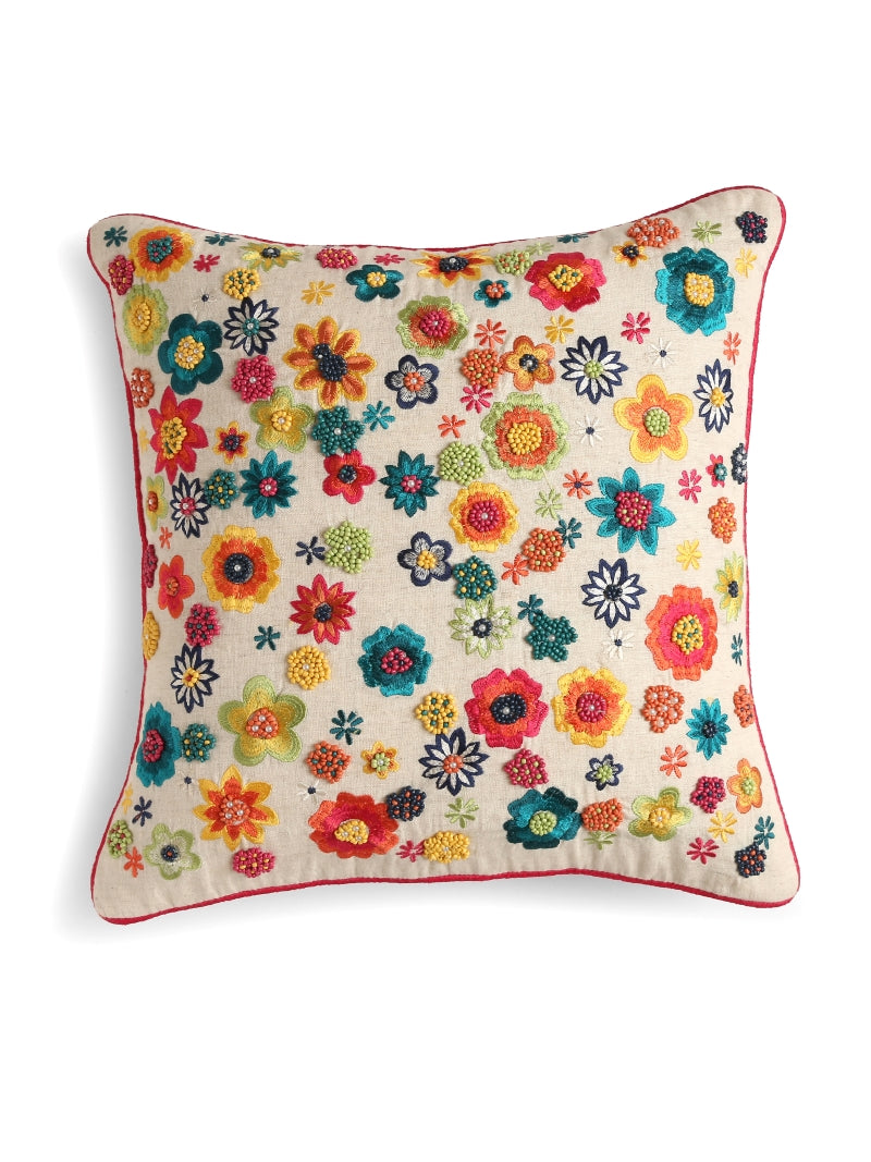 Flower Design Multicolor Beaded Cushion Cover