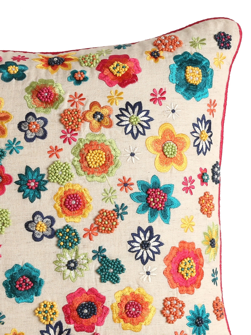 Flower Design Multicolor Beaded Cushion Cover