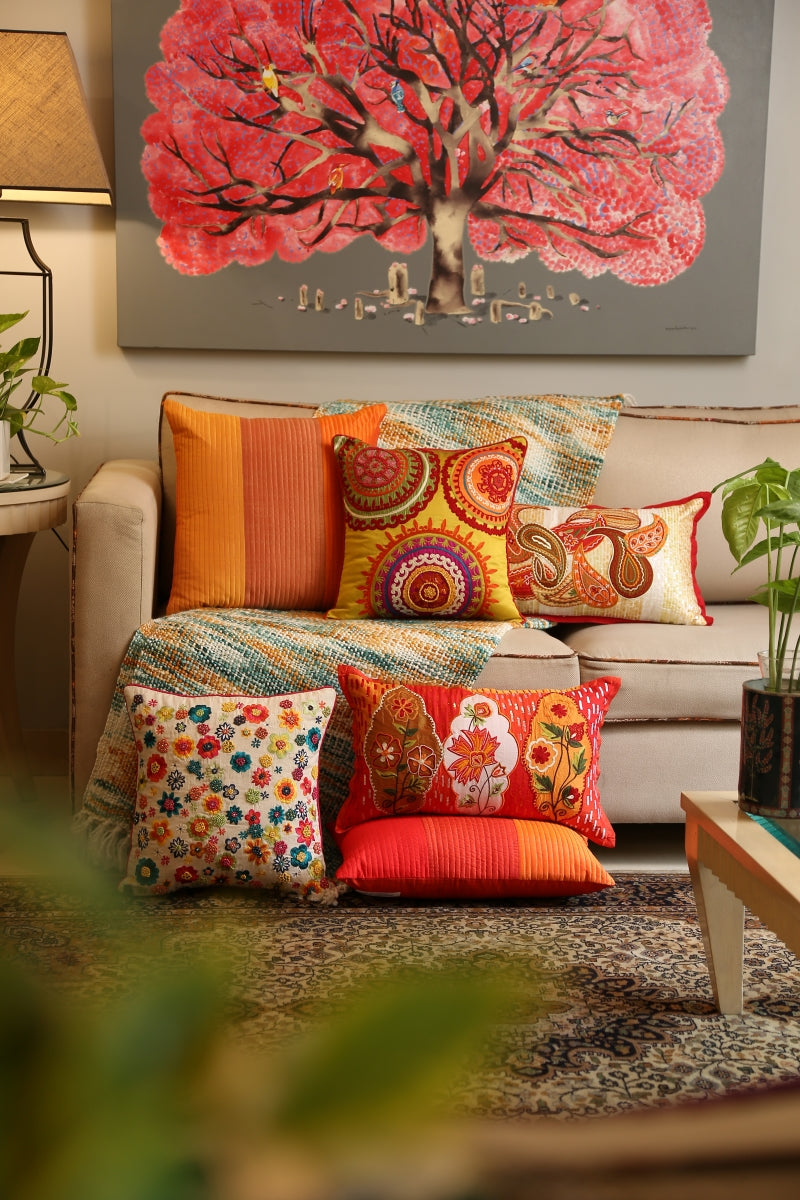 Square Pintuck Cushion Cover Orange & Mustard Hues
