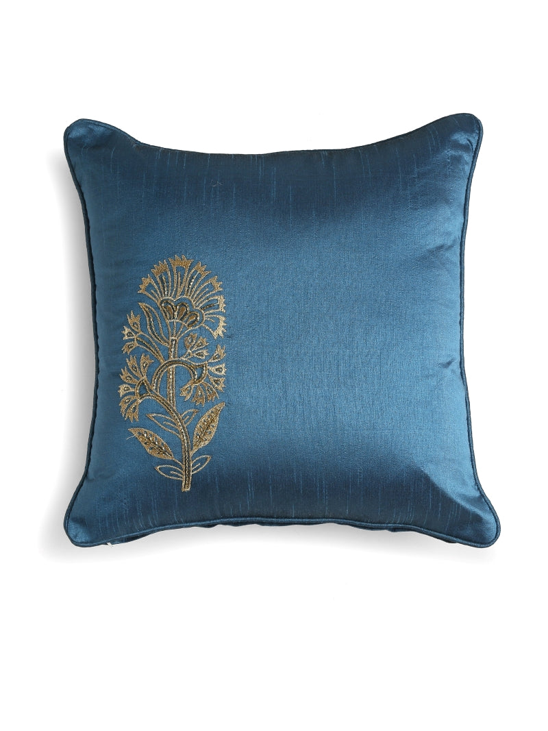 Blue Moghul Flower Design Zari Embroidered Cushion Covers (Set of 2)