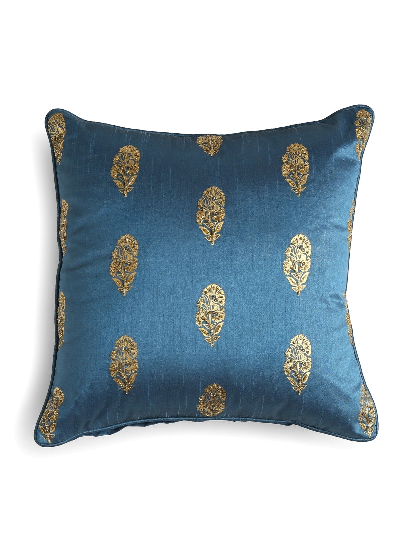 Blue Moghul Flower Design Zari Embroidered Cushion Covers (Set of 2)