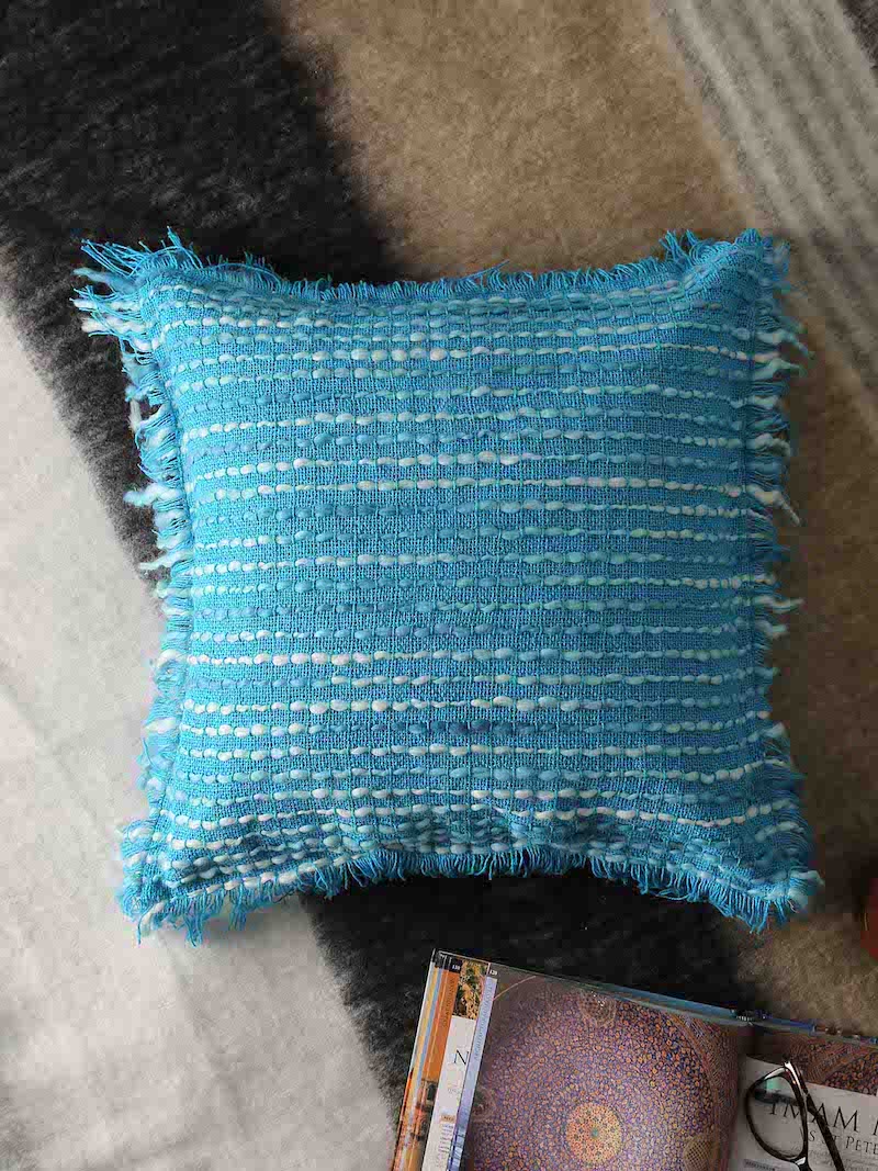 Turquoise Handwoven Cushion Cover with Fringes