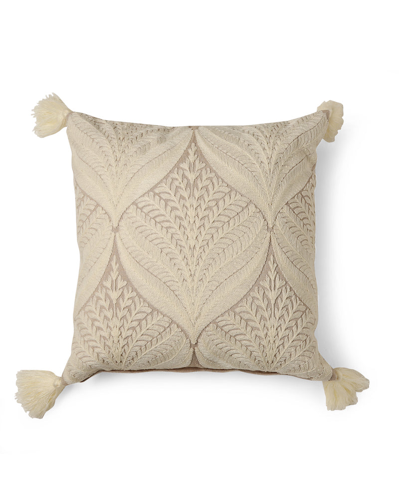 Elegant Ivory Embroidered Leaf Cushion Cover