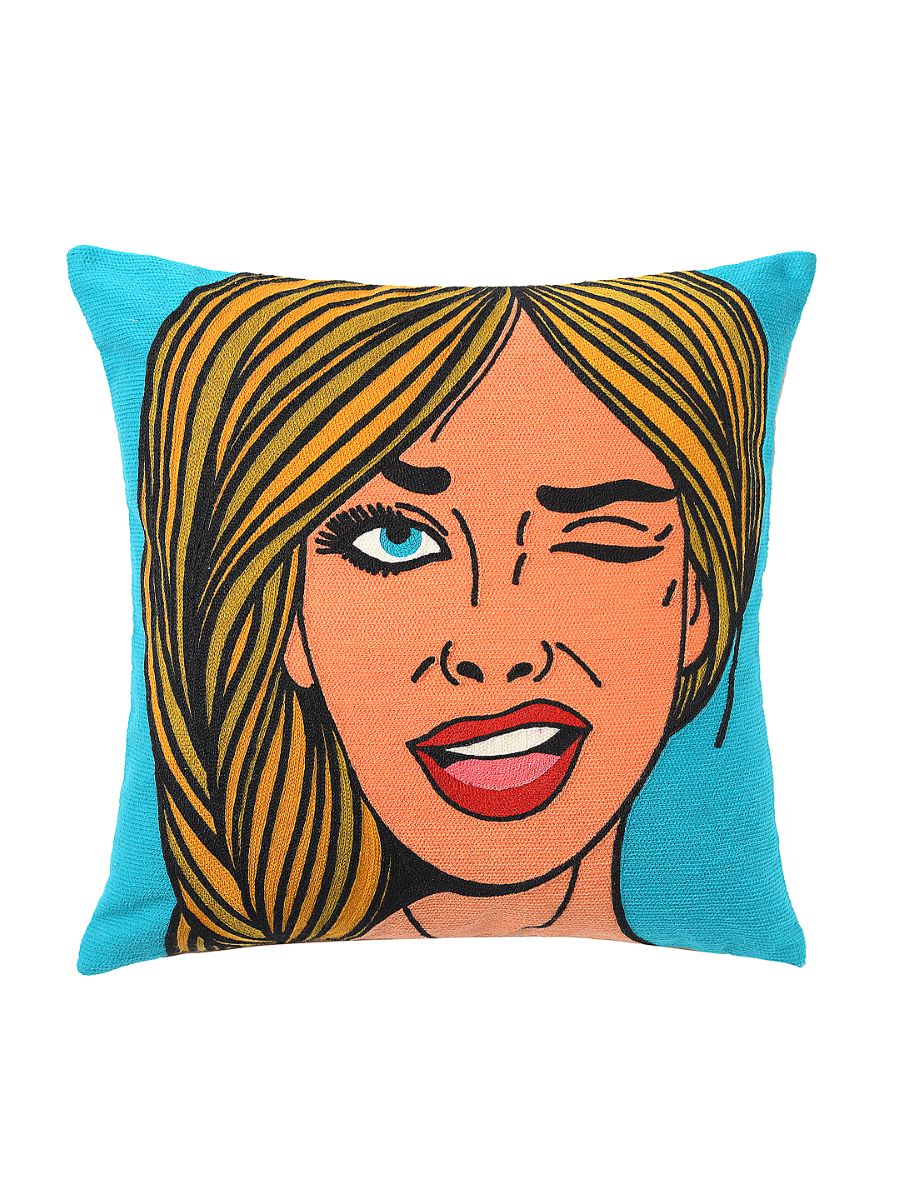 Retro Vintage Pop Art Girl With Winky Face Cute Cushion Cover