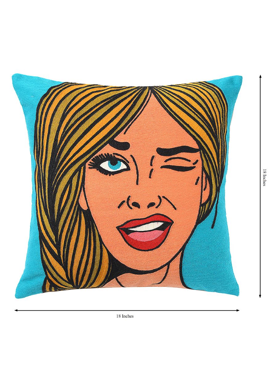 Retro Vintage Pop Art Girl With Winky Face Cute Cushion Cover